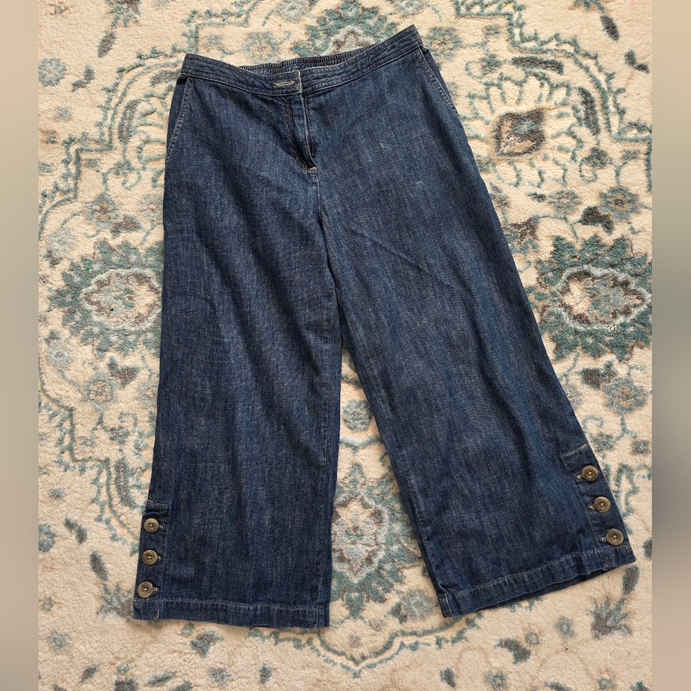 J. Jill Wide Leg Crop Capri Jeans Cotton Dark Wash Ankle Button Accent 4P Petite